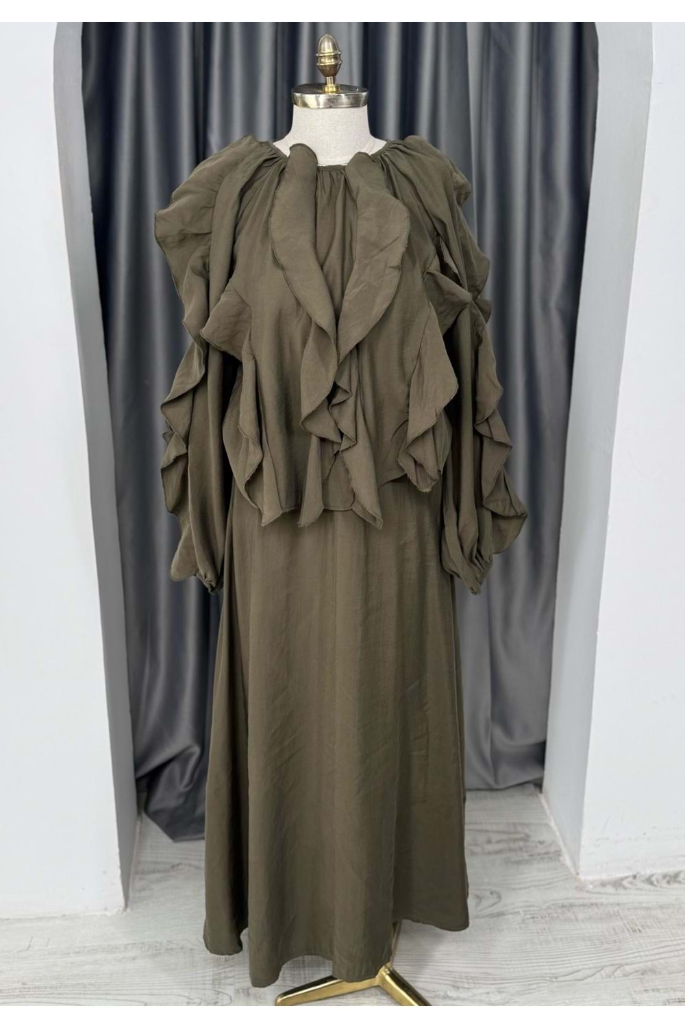 Üstü Fırfırlı Etekli Takım 51829 - Haki - L-XL - AZRA05685-46808