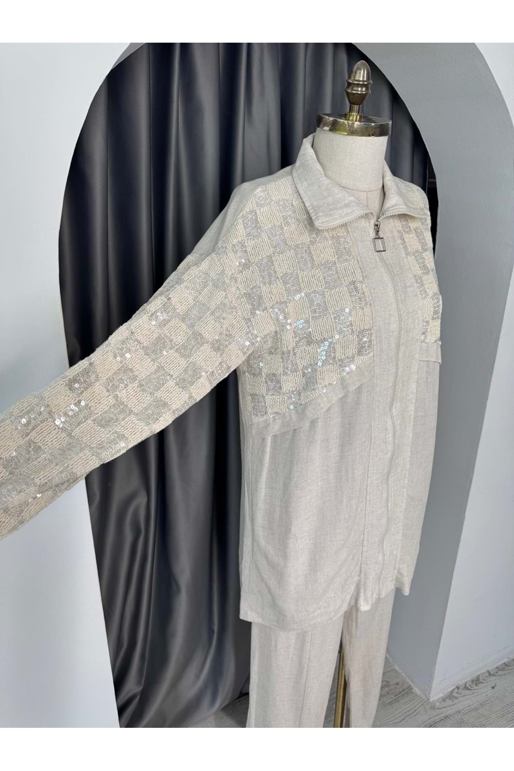 Dama Desen Pullu Keten Takım 120190 - Bej - 36 - AZRA05692-46885