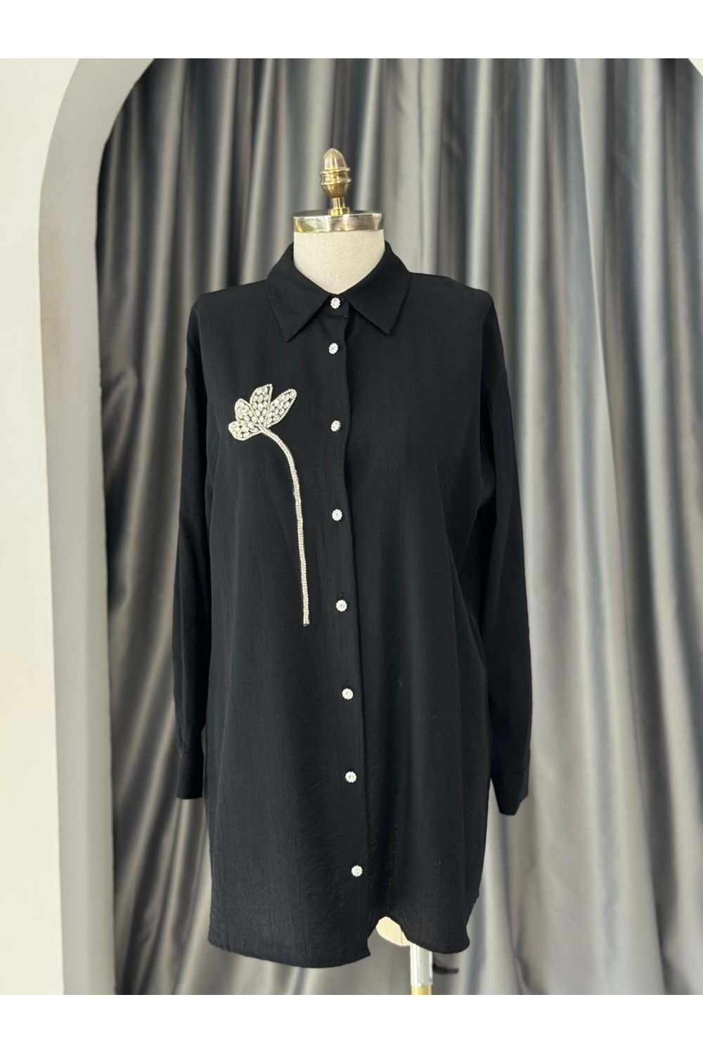 Taş Çiçekli Çilek Gömlek 3230 - Siyah - L-XL - AZRA05706-46996