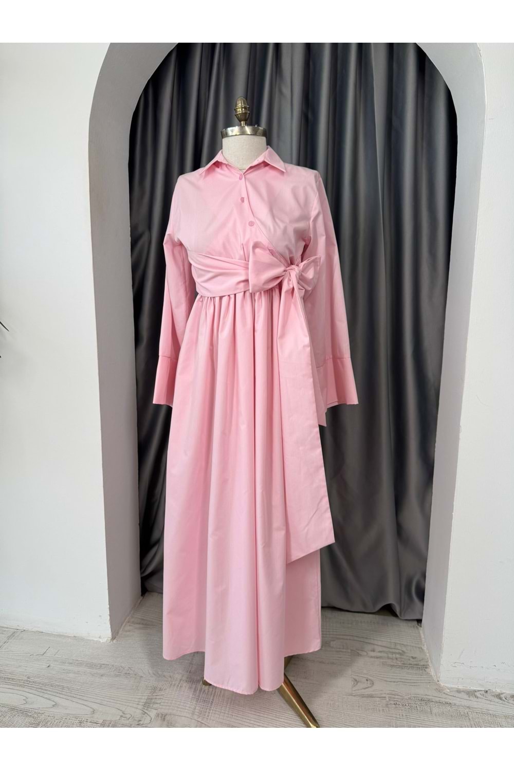 Bağlamalı Trikoton Elbise 1045 - Pembe - S-M - AZRA05711-47018