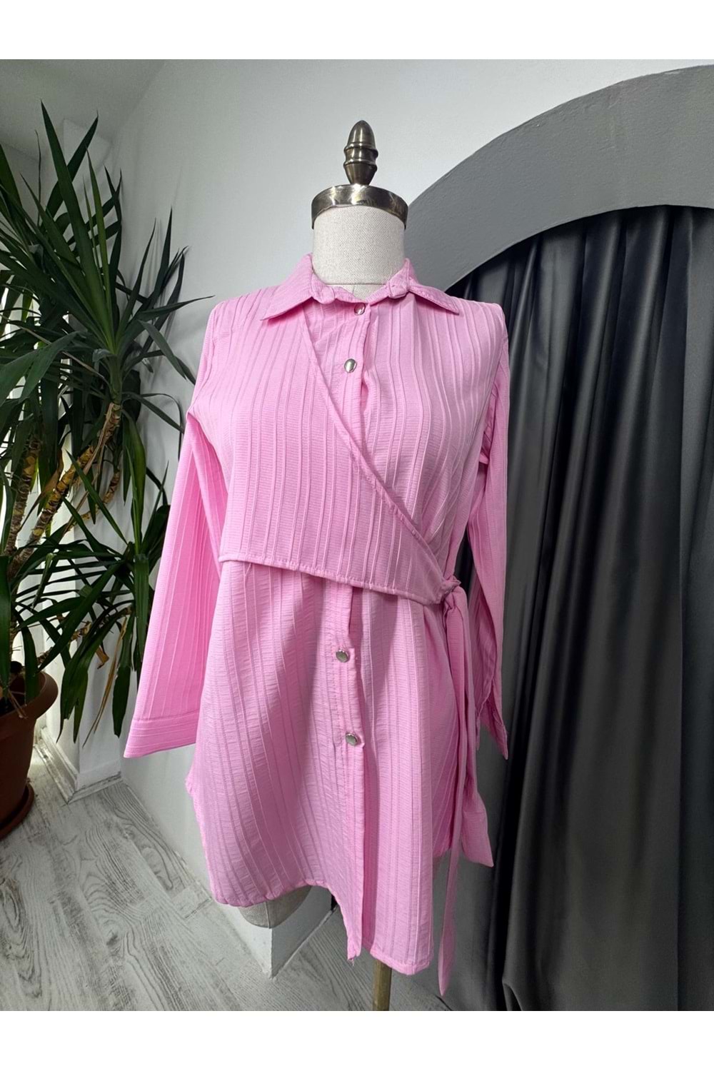 Yandan Bağlama Gofre Gömlek 4453 - Pembe - 42 - AZRA05715-47071