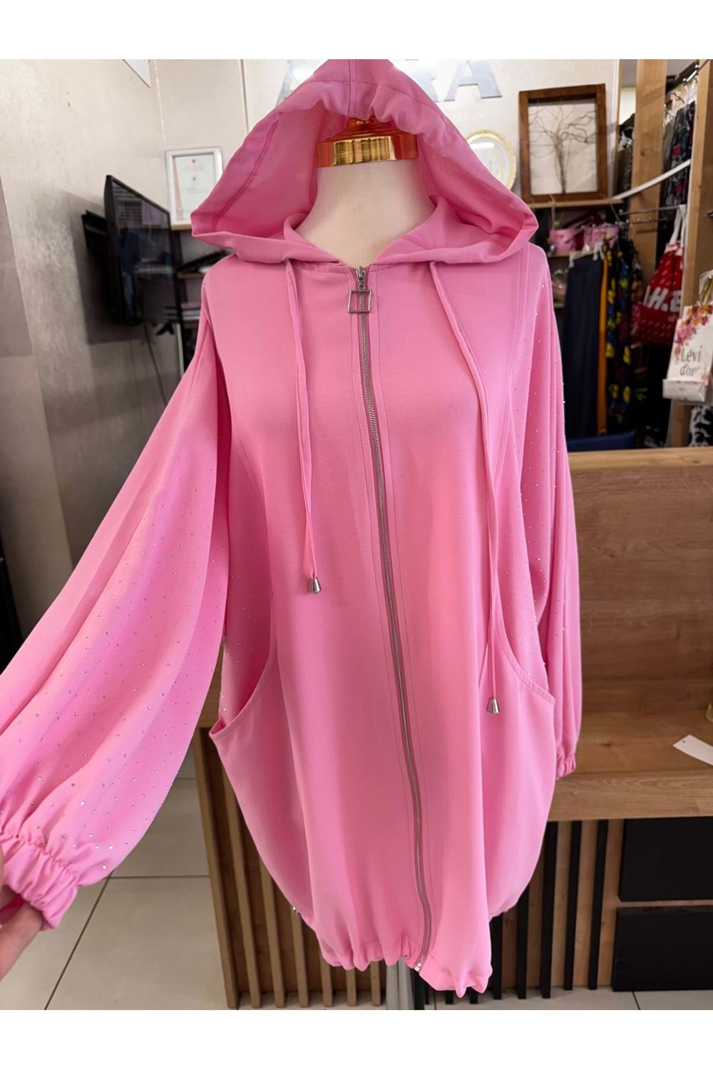 Oversize Kanguru Cepli Pullu Kot 140105 - Pembe - 42 - AZRA05722-47199