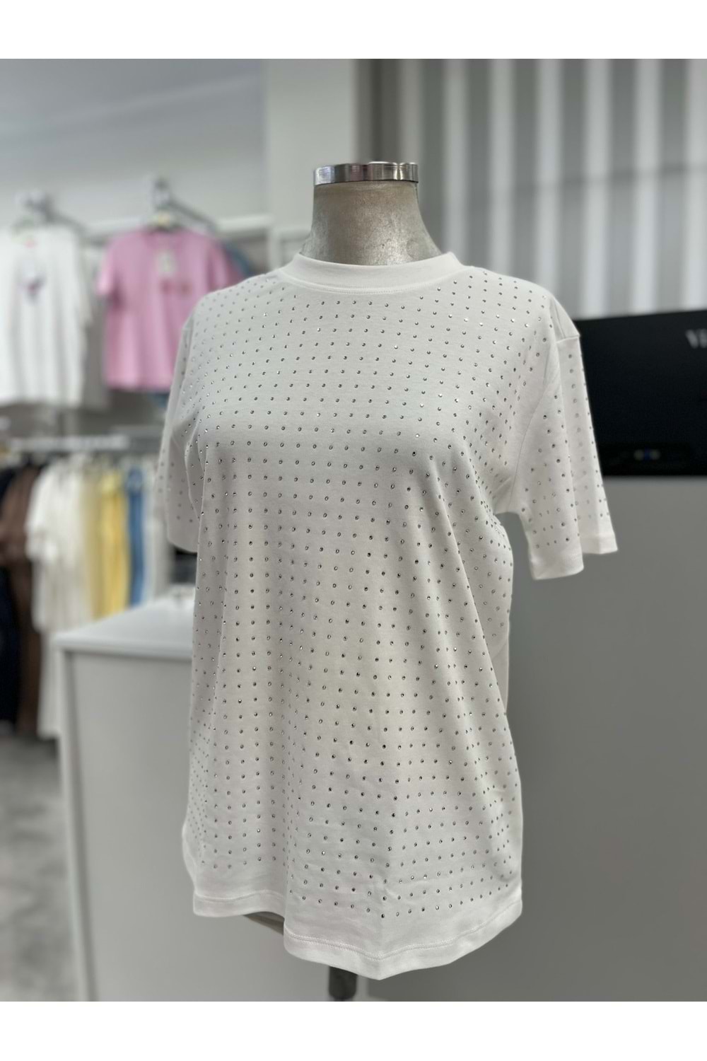 İnterlok Taşlı Tişört 1004972 - Ekru - L