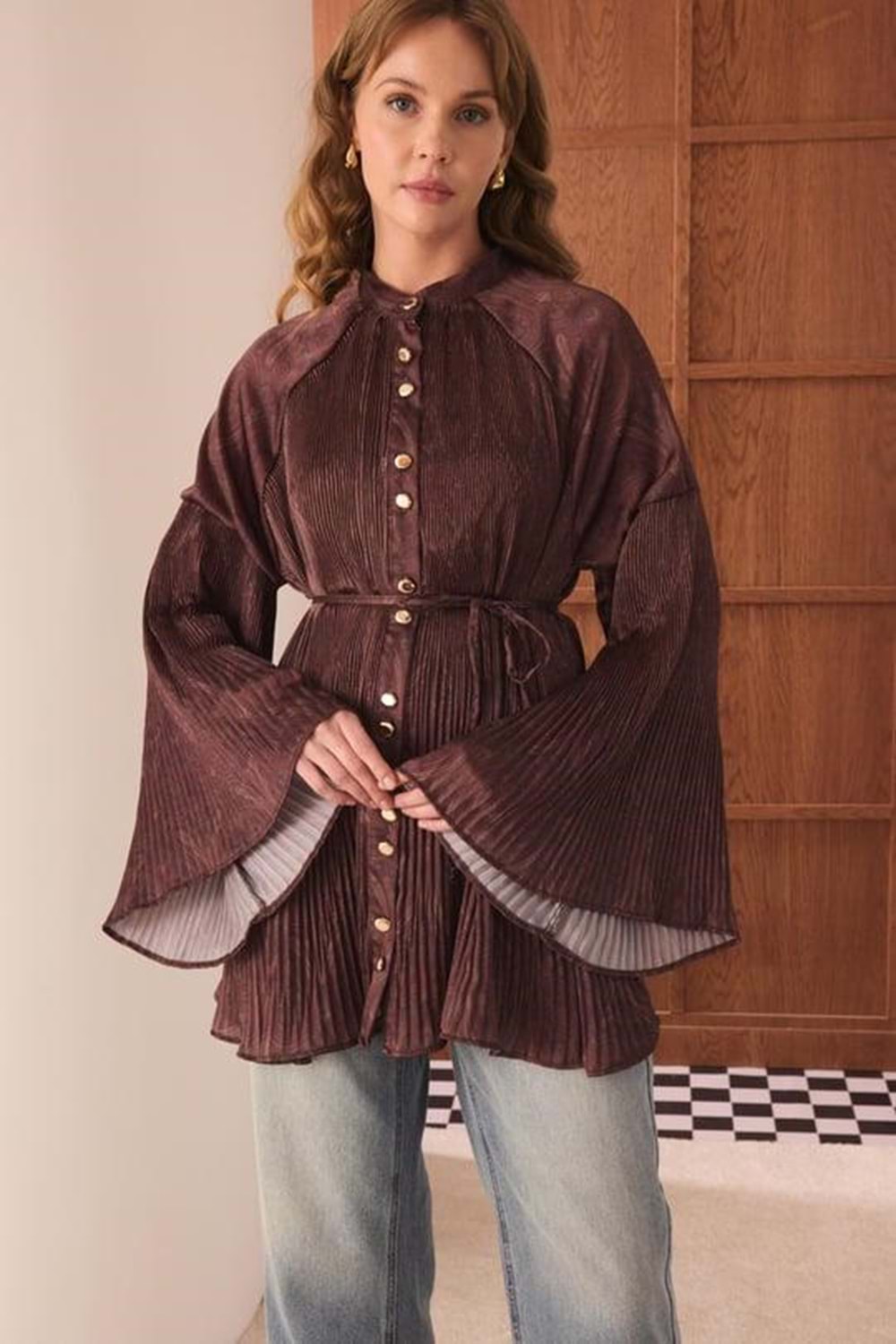 Kilim Desenli Saten Gömlek 6620 - Bordo - L-XL - AZRA05744-47336