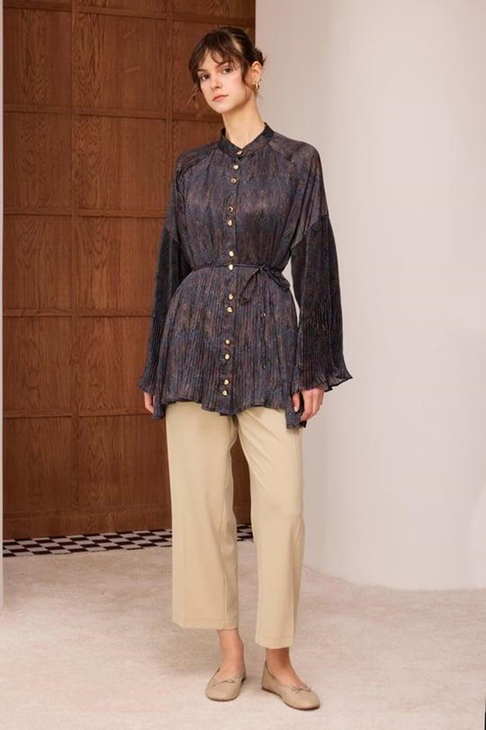 Kilim Desenli Saten Gömlek 6620 - Lacivert - L-XL - AZRA05744-47338