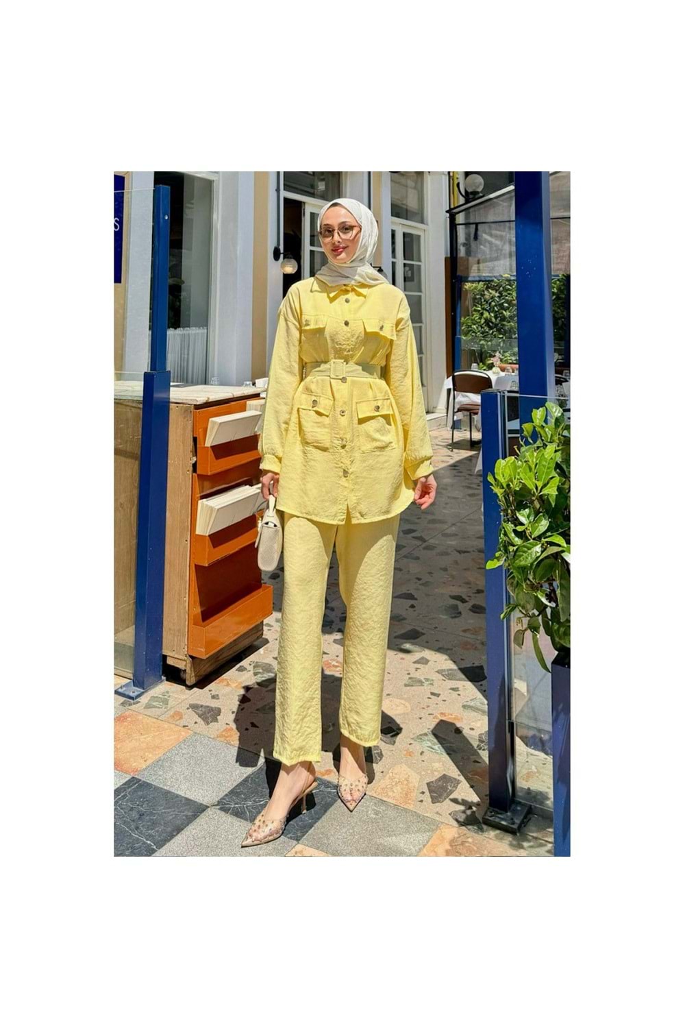 Düğme Detaylı Kemerli Takım 4890 - Sarı - M - AZRA05746-47361