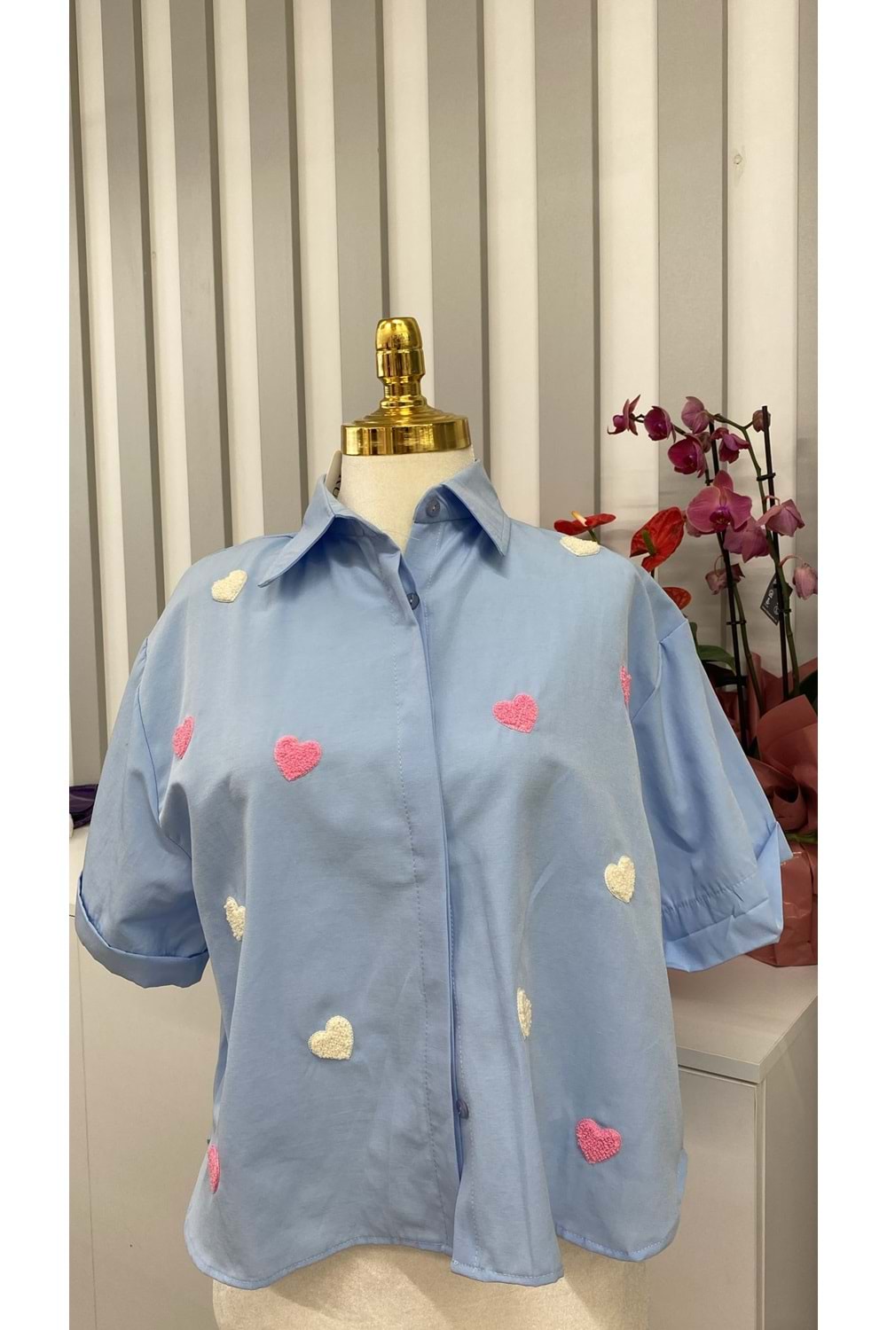 Kalp Nakışlı Gömlek 2105 - Mavi - TEK BEDEN - AZRA05770-47552