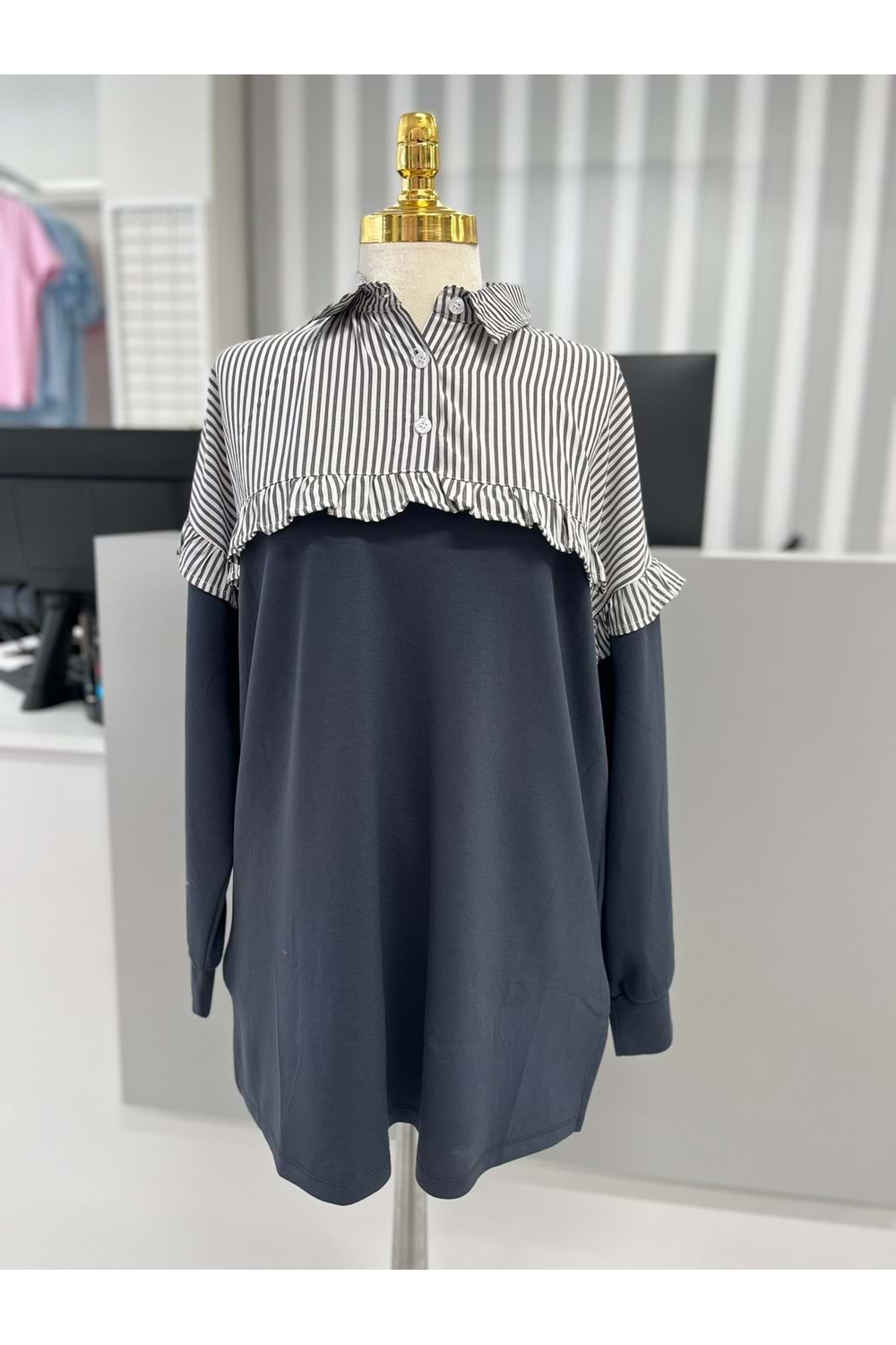 Üstü Fırfır Detaylı Tunik 25966 - Füme - M - AZRA05774-47582