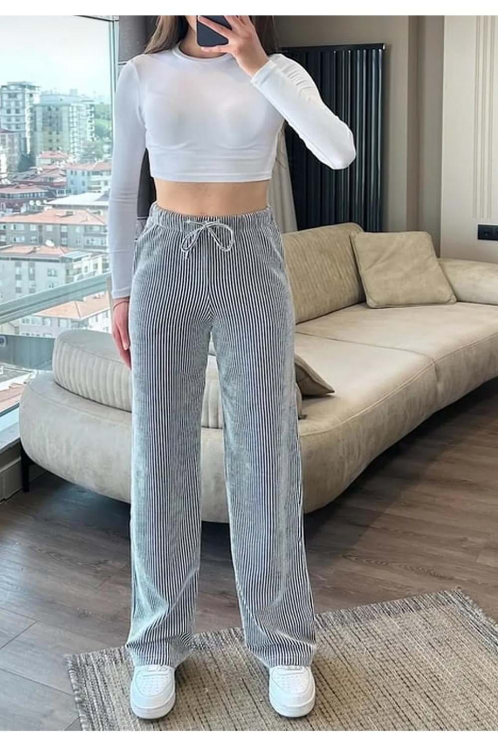 Çizgili Gofre Pantolon 820150 - Siyah - L