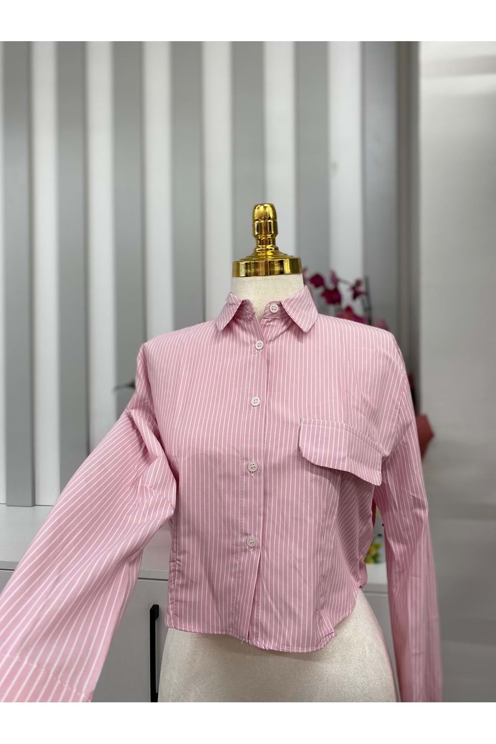 Çizgili Kısa Crop Gömlek 007025 - Pembe - M - AZRA05814-47909