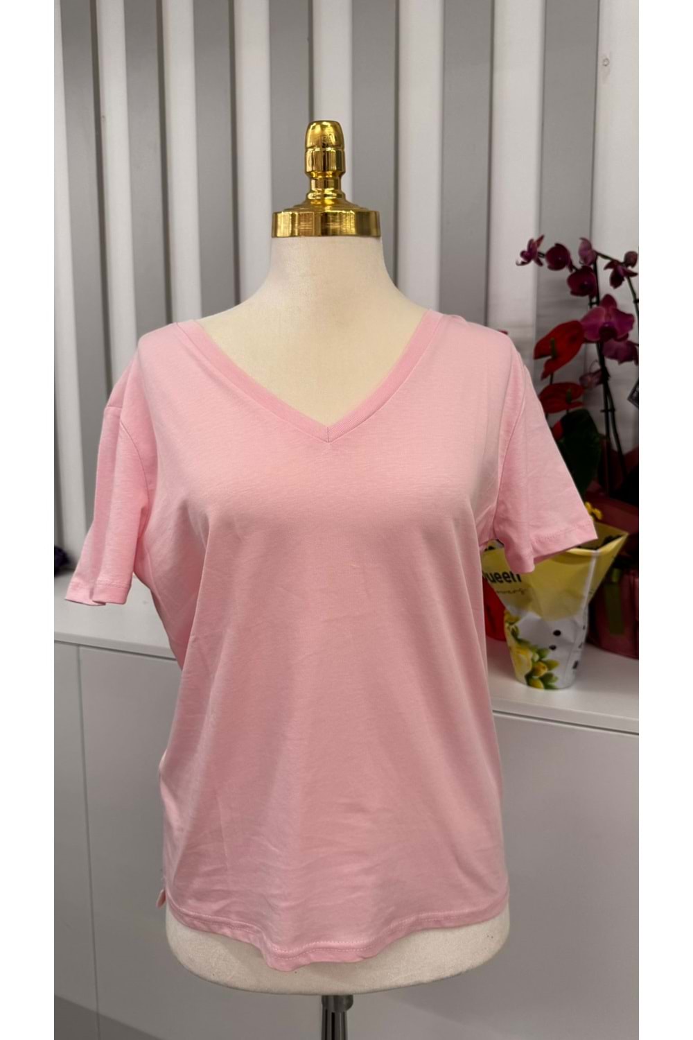 V Yaka Basic Penye Tişört 3297 - Pembe - L - AZRA05821-47983