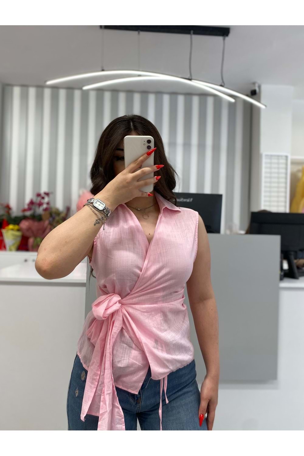 Bağlamalı Keten Kumaş Gömlek 10111 - Pembe - M - AZRA05850-48275