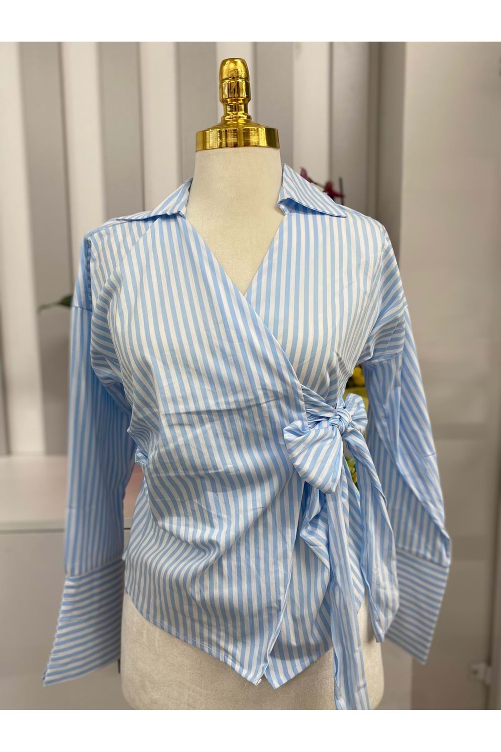 Çizgili Bağlamalı Gömlek 6128 - azra fashion - Mavi - M - AZRA05858-48324