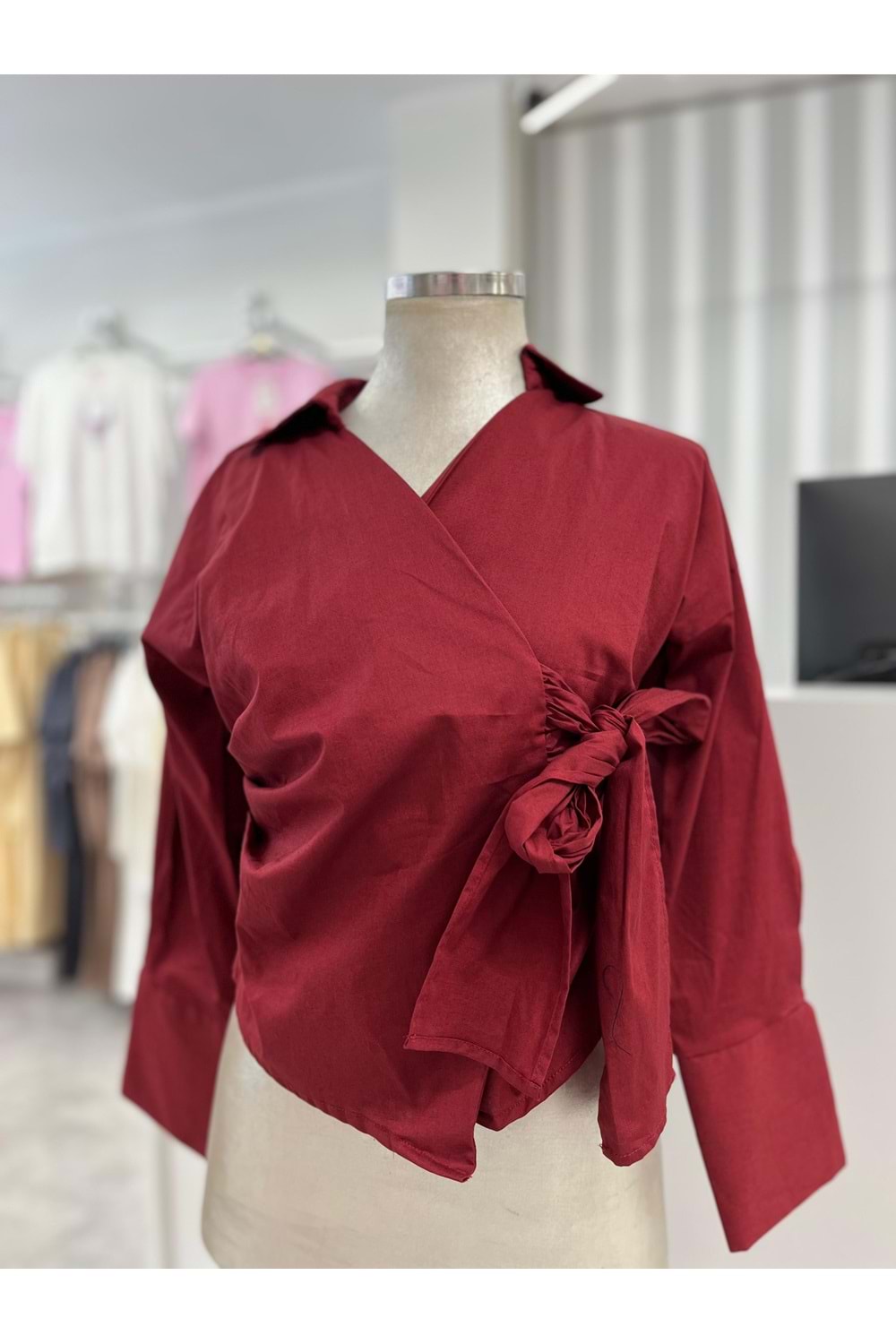 Çizgili Bağlamalı Gömlek 6128 - Bordo - L