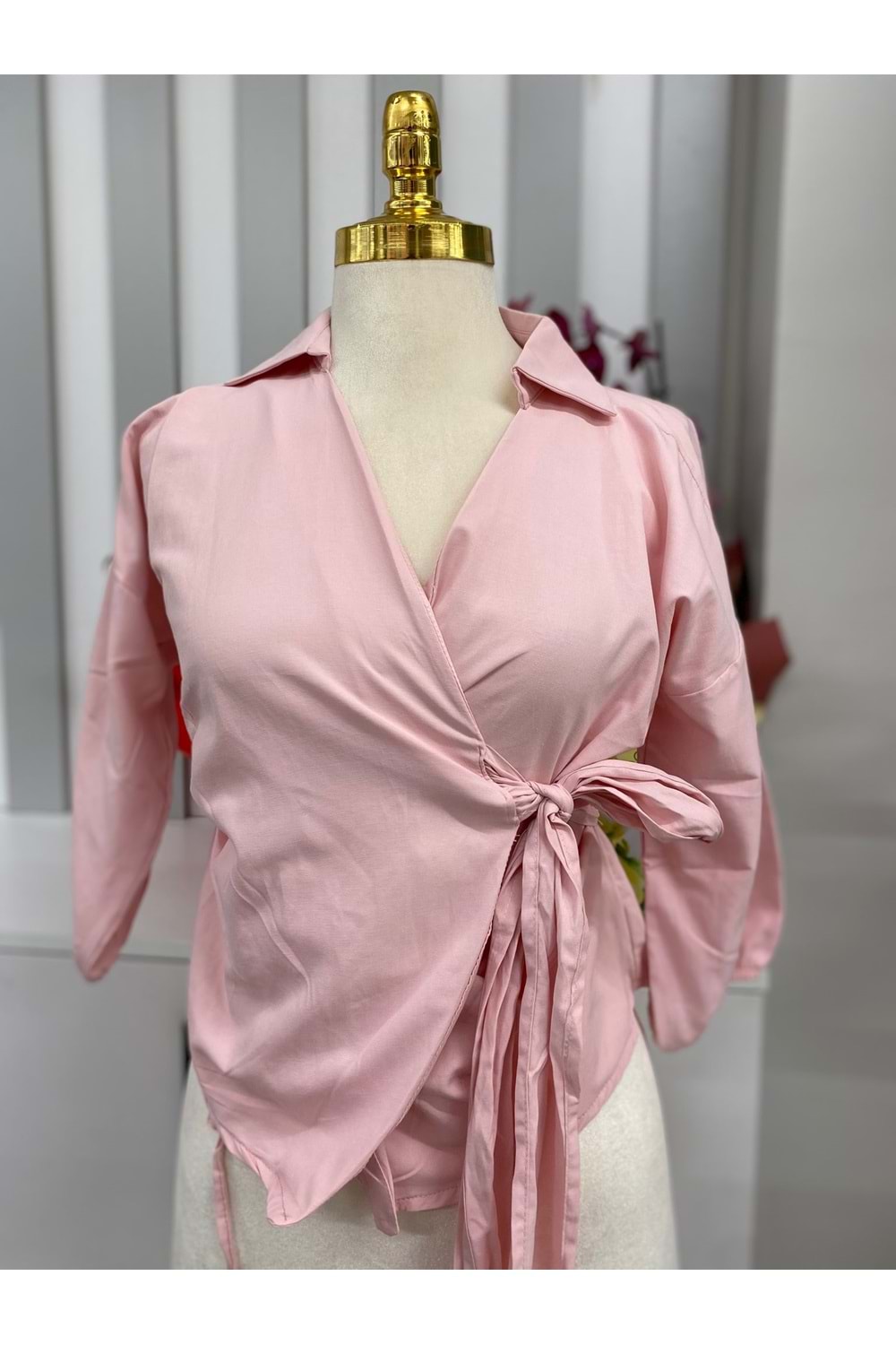 Trikoton Bağlamalı Gömlek 1548 - Pembe - M - AZRA05859-48329