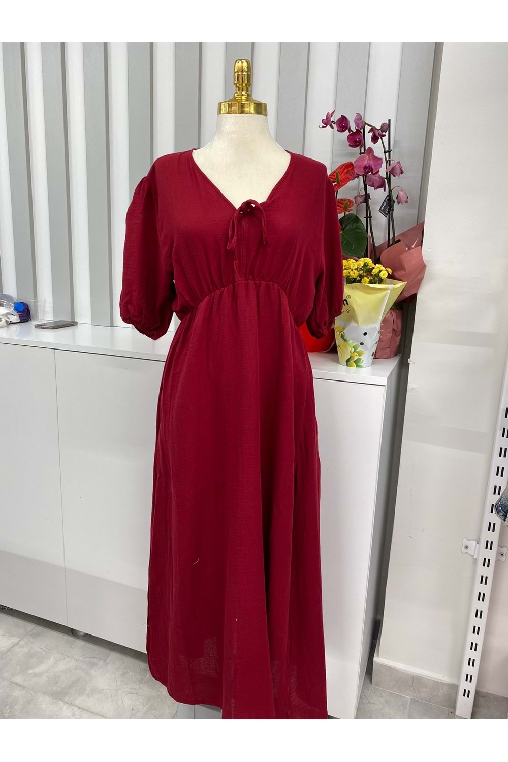 Müslin Kumaş Belden Lastikli Elbise 251056 - Bordo - L - AZRA05872-48454