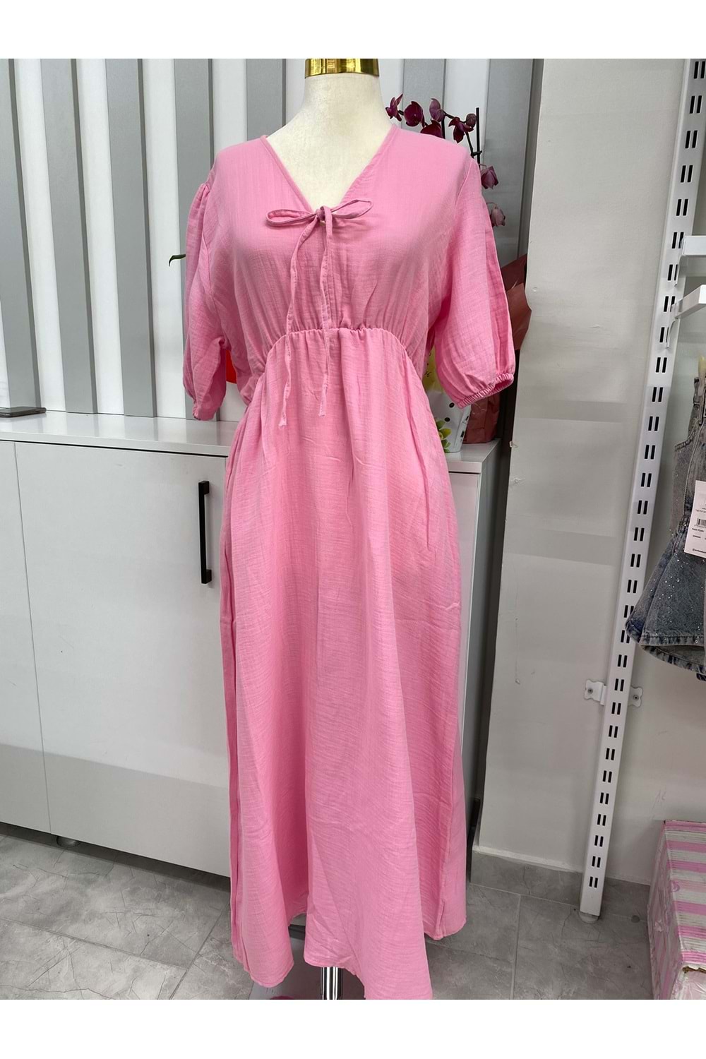 Müslin Kumaş Belden Lastikli Elbise 251056 - Pembe - M - AZRA05872-48461