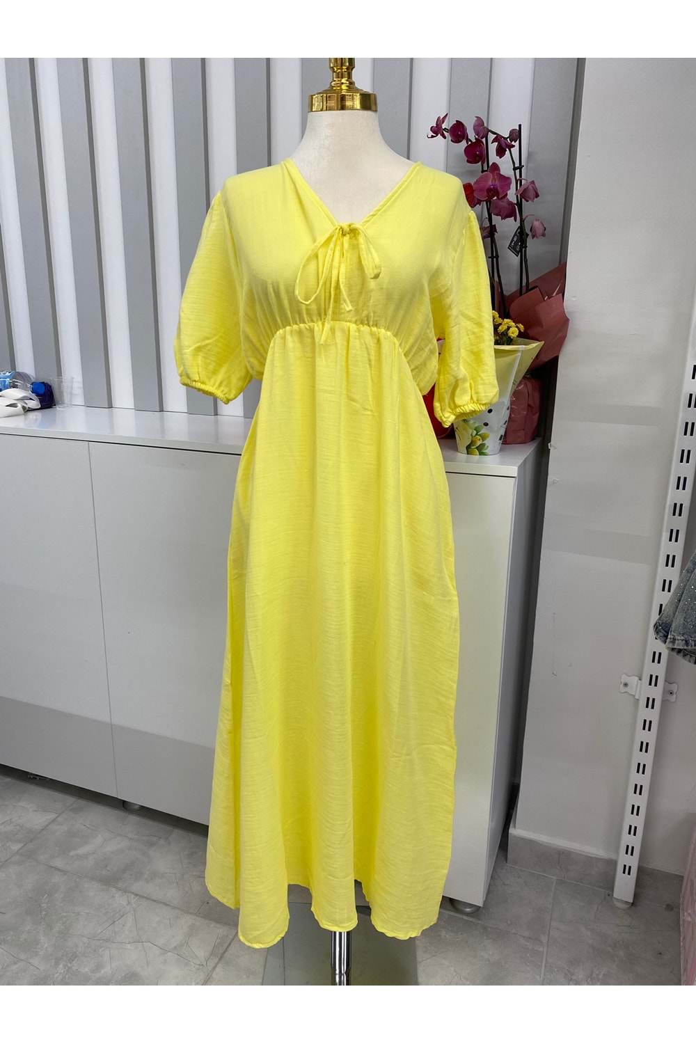 Müslin Kumaş Belden Lastikli Elbise 251056 - Sarı - M - AZRA05872-48465