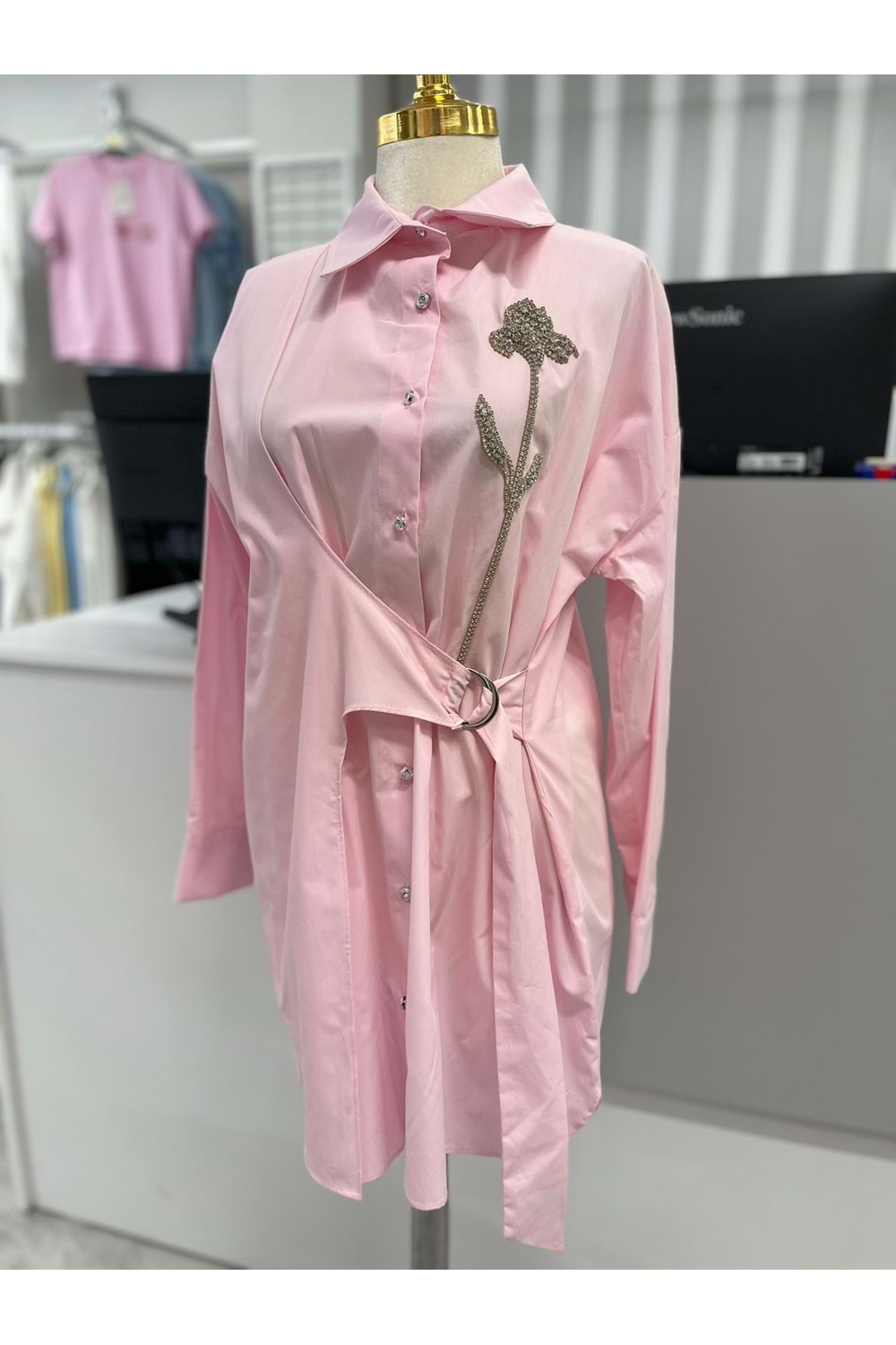 Önü Çiçek Taşlı Bağlamalı Gömlek 170175 - Pembe - 40 - AZRA05875-48515