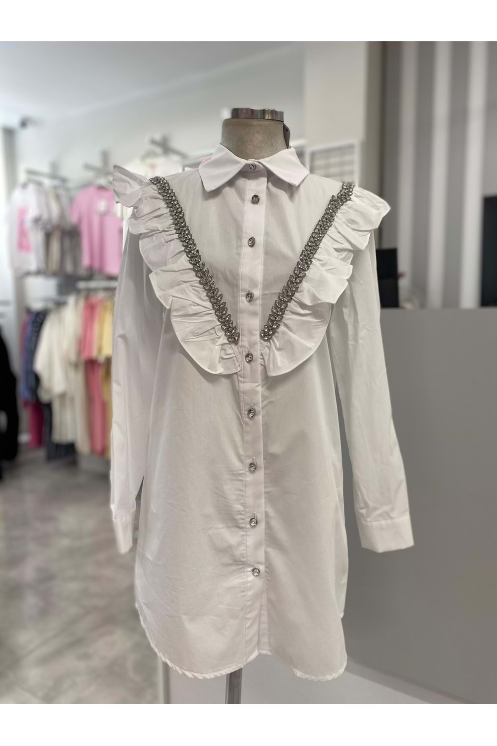 V Desen Buğday Taşlı Gömlek 170190 - Ekru - 36 - AZRA05877-48543