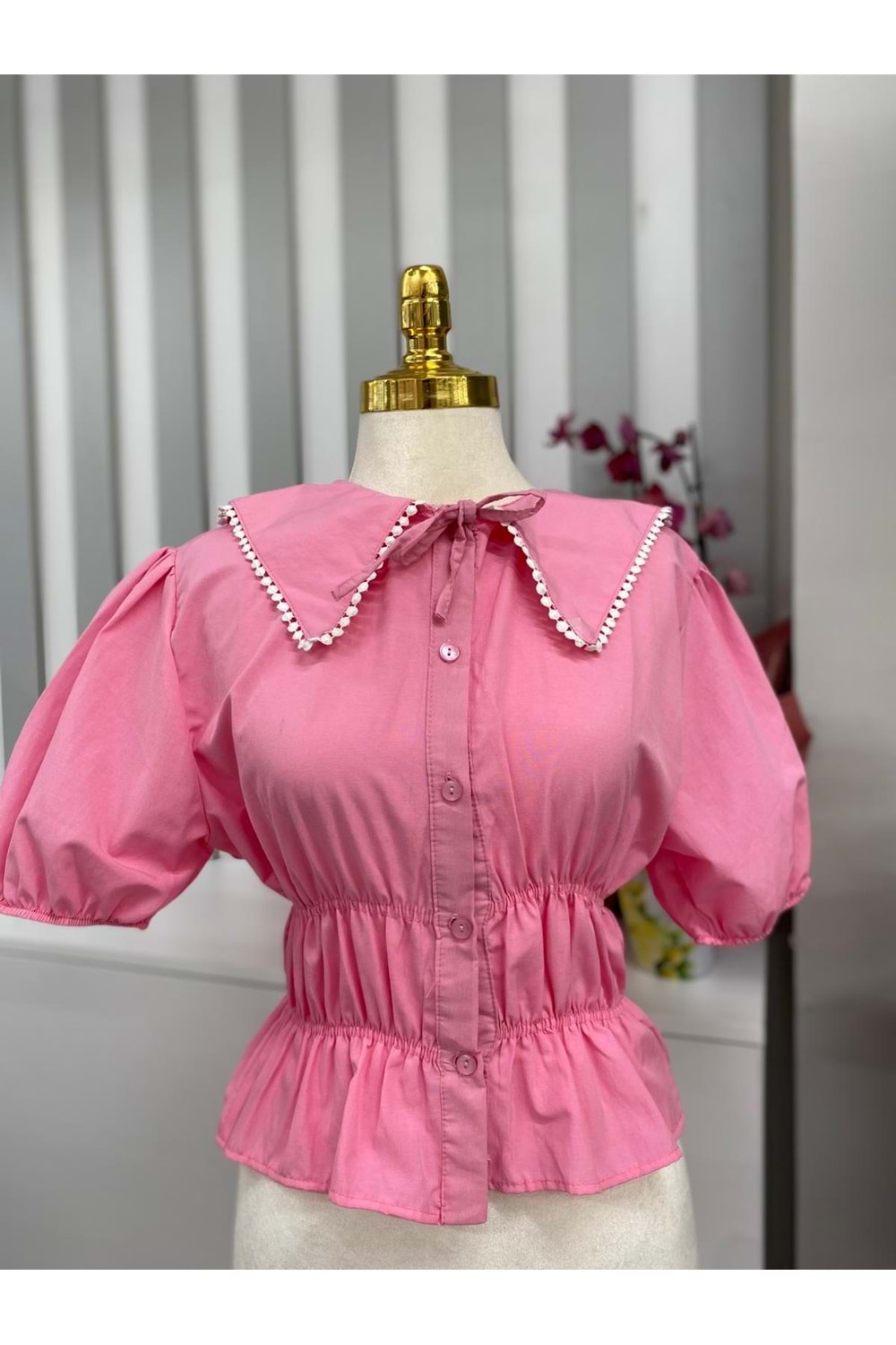 Beli Büzgülü Bebe Yaka Gömlek 244 - Pembe - L