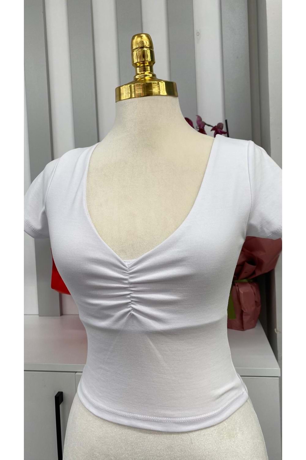 V Yaka Büzgülü Crop 4225 - Beyaz - M