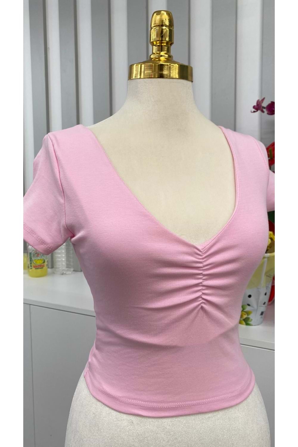 V Yaka Büzgülü Crop 4225 - Pembe - L