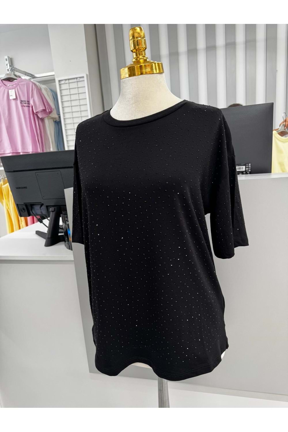 Taşlı Basic Oversize Tişört 2029 - Siyah - M-L