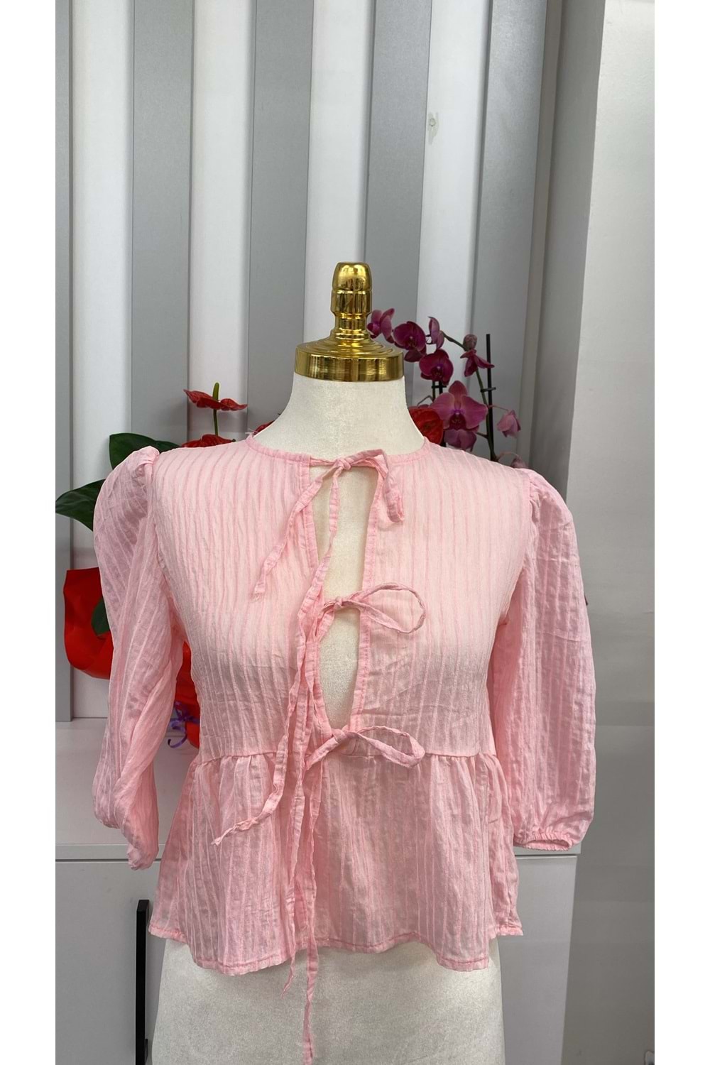 Önü Bağcıklı Marka Baskılı Tişört 2045 - Pembe - M-L