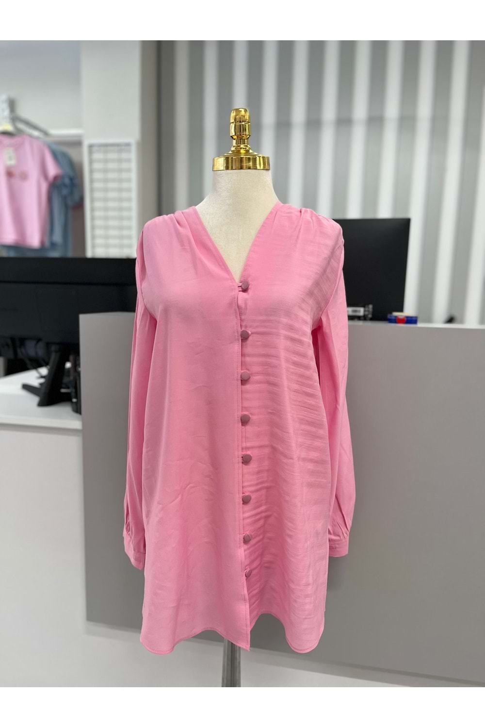 Omuzları Büzgülü Gömlek 1039 - Pembe - L