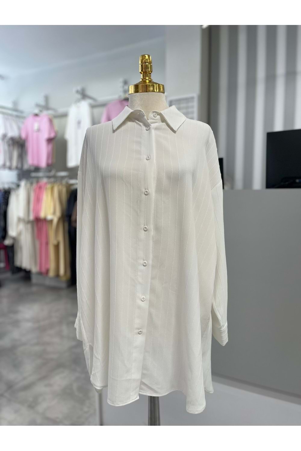 Çizgili Basic Gömlek 27268 - Ekru - TEK BEDEN
