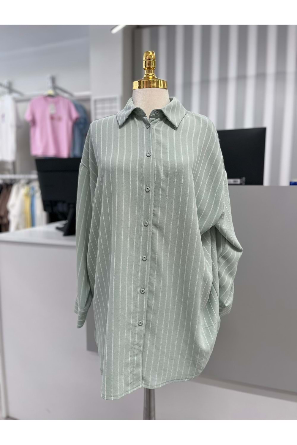 Çizgili Basic Gömlek 27268 - Mint Yeşili - TEK BEDEN