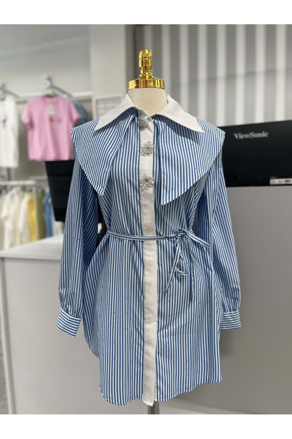 Serpme Pullu Bebe Yaka Gömlek 170191 - Mavi - 36