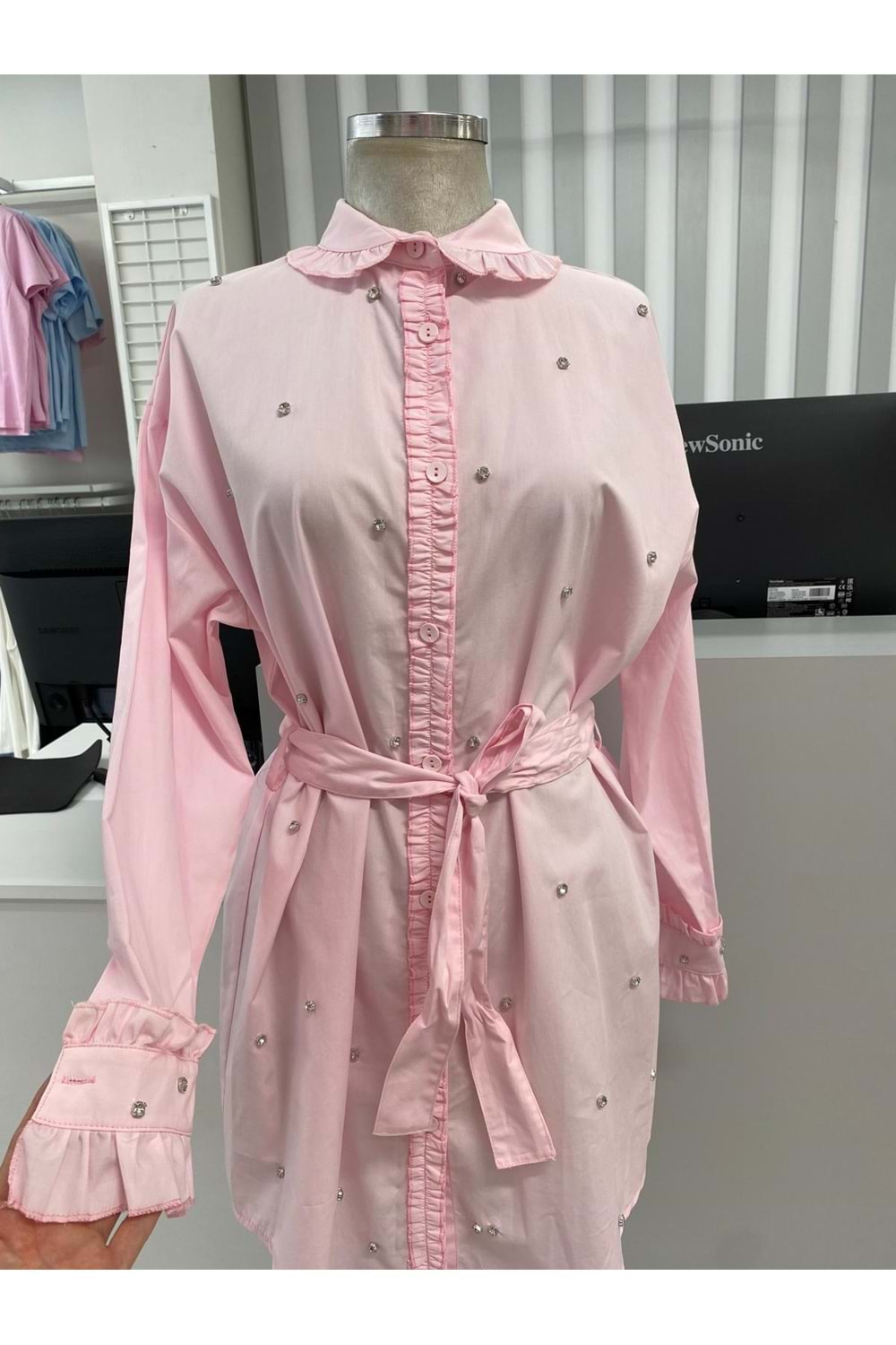 Taşlı Fırfırlı Gömlek 170176 - Pembe - 36