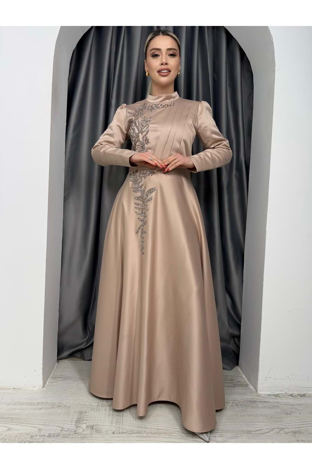 Tafta Abiye Elbise 1118 - Bej - 38