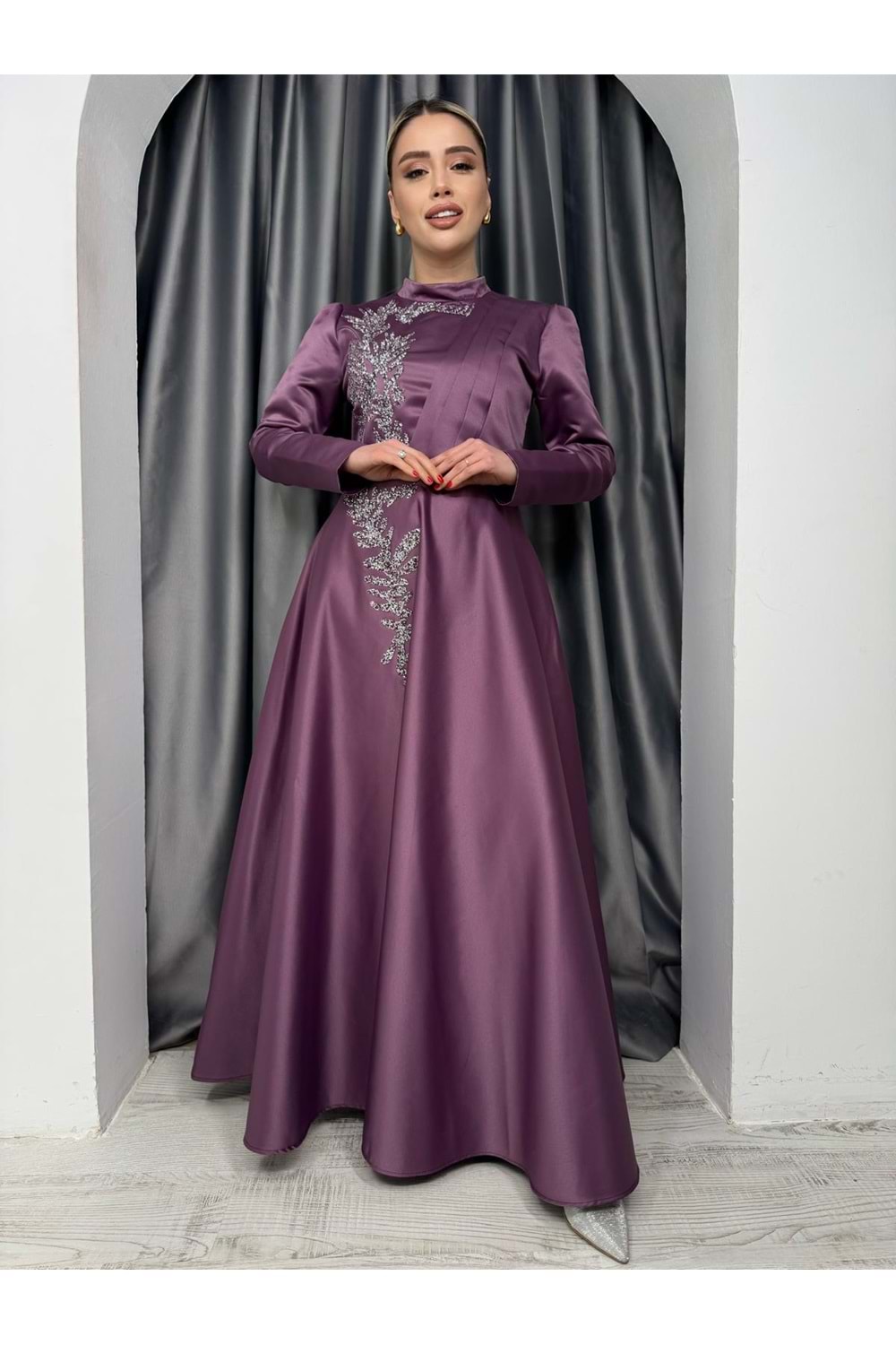 Tafta Abiye Elbise 1118 - Mor - 48