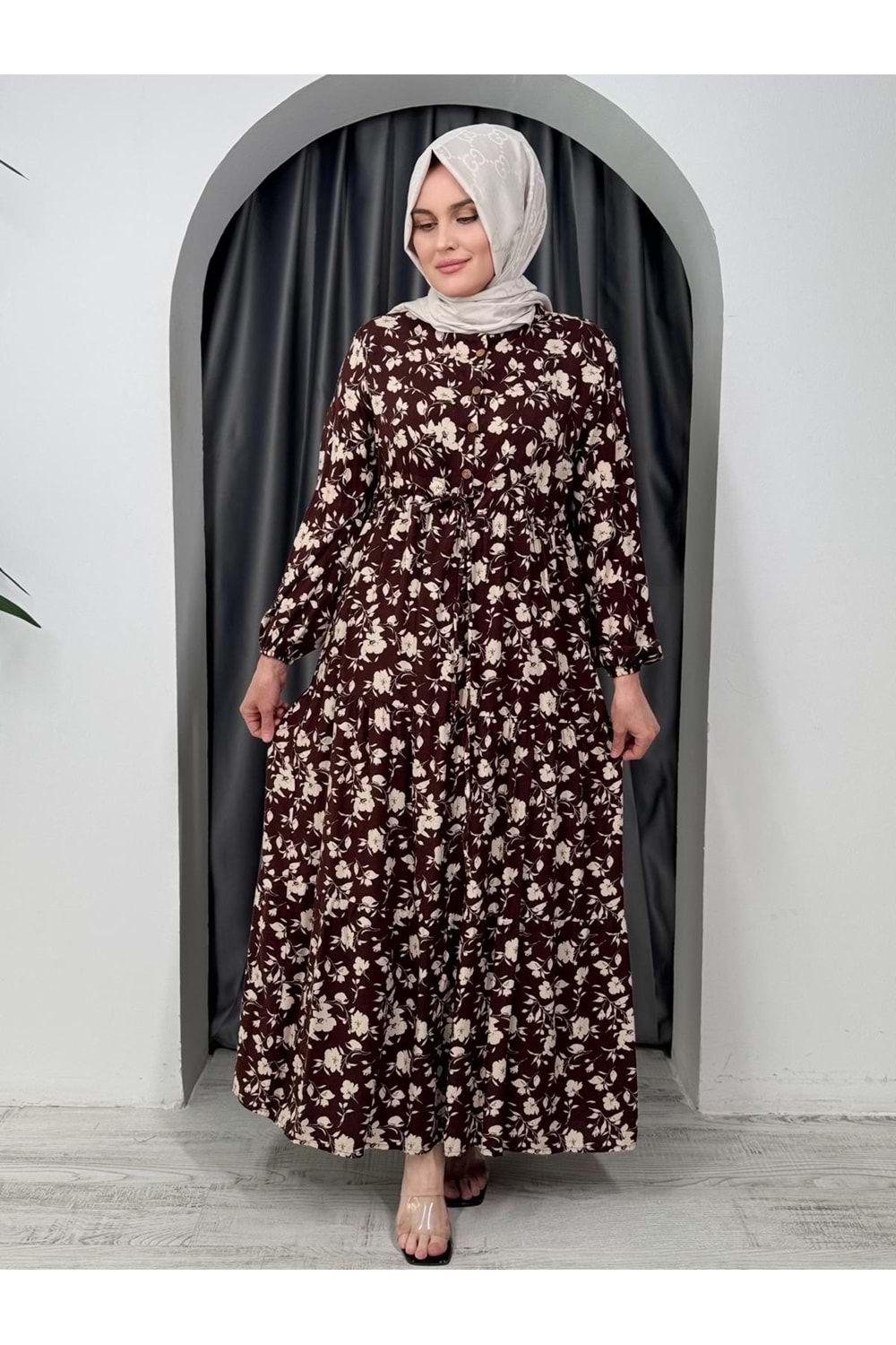 Yaprak Çiçekli Viskon Elbise 1426 - Kahve Rengi - 38-40