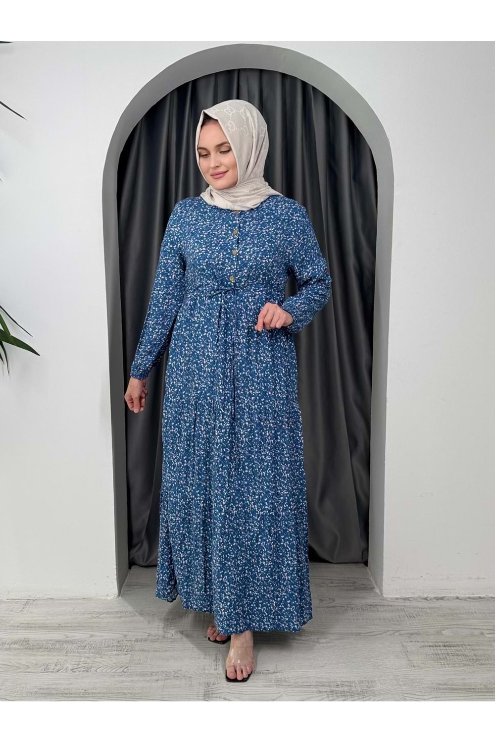 Minik Çiçekli Beli Büzgülü Elbise 1433 - Lacivert - 38-40