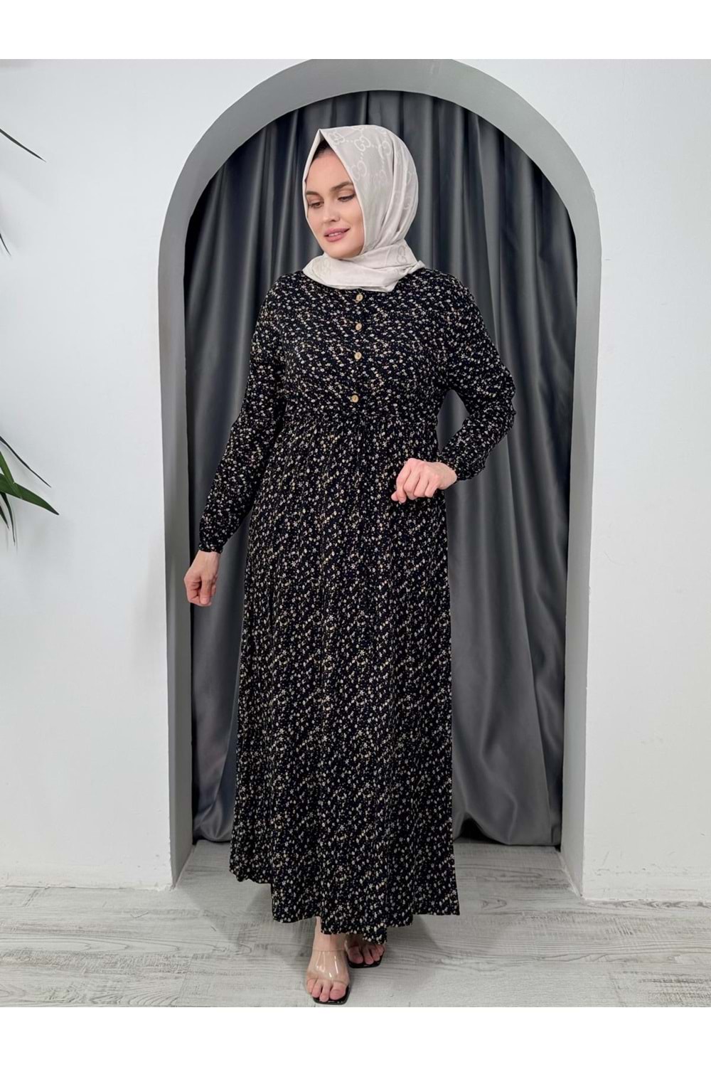 Minik Çiçekli Beli Büzgülü Elbise 1433 - Siyah - 42-44