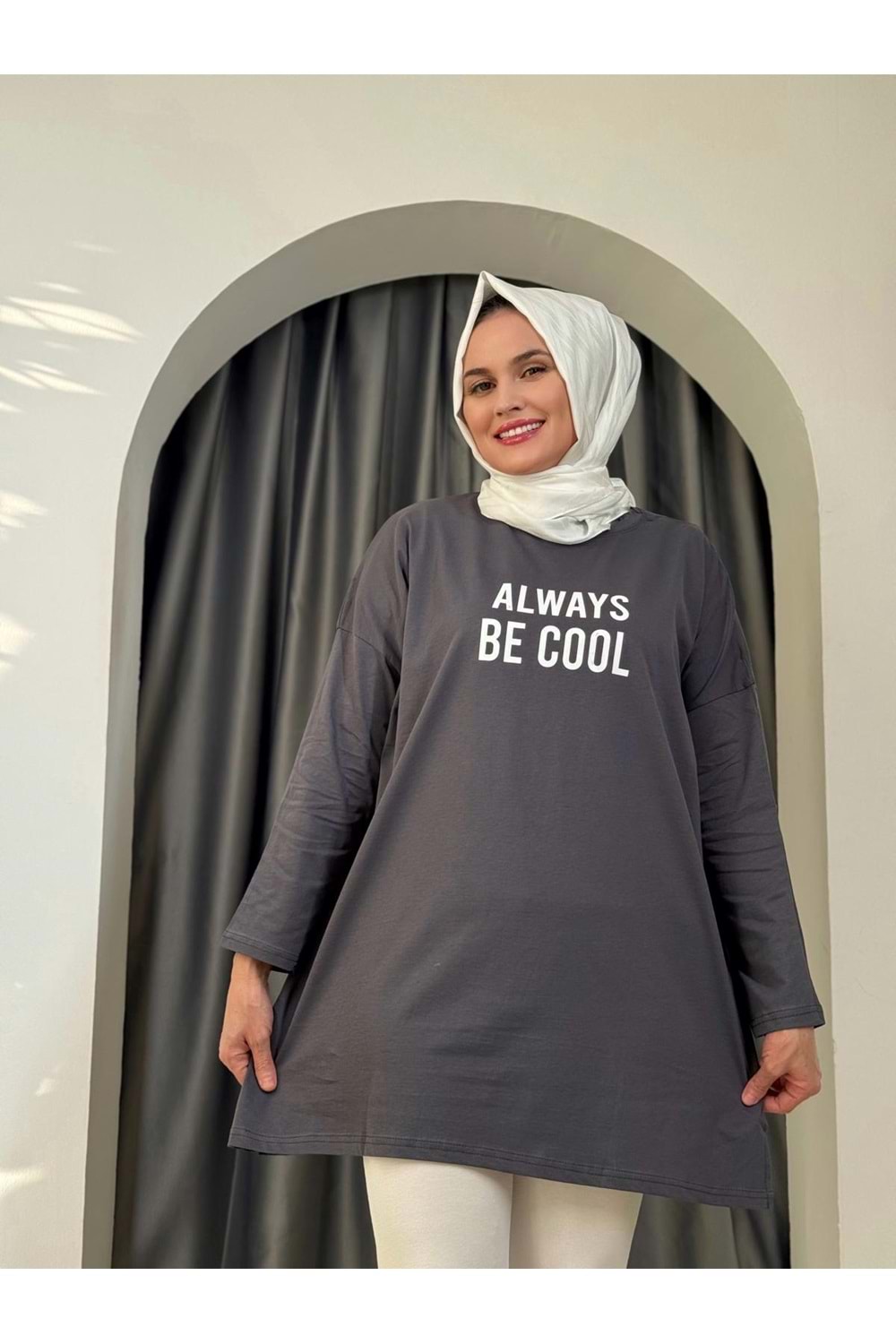 Always Baskılı Tunik 2356 - Füme - TEK BEDEN