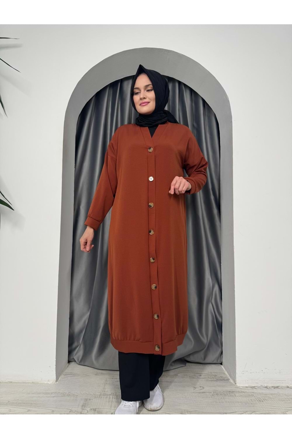 Uzun Düğmeli Hırka 4778 - Kiremit - 50-52