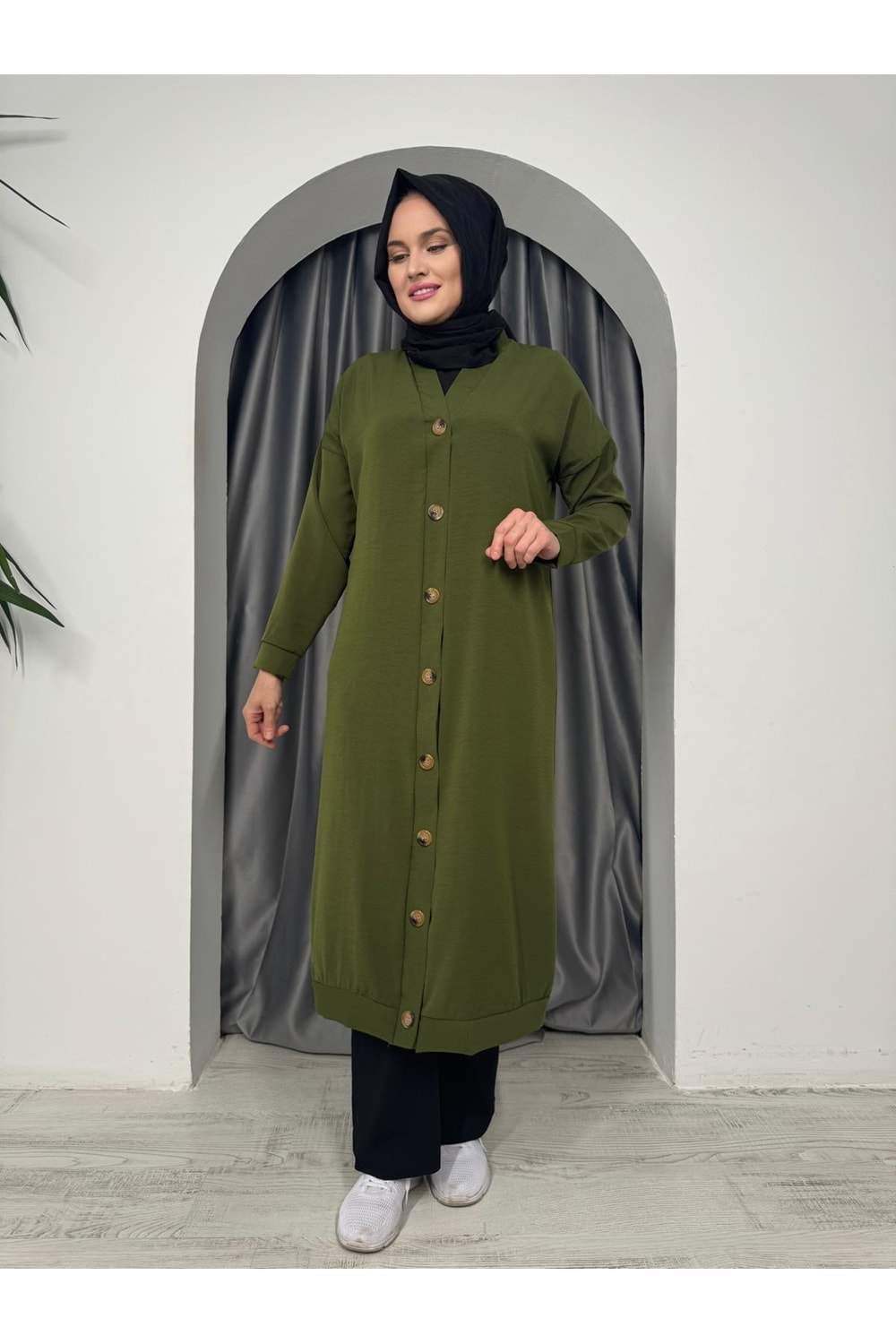 Uzun Düğmeli Hırka 4778 - Yeşil - 50-52
