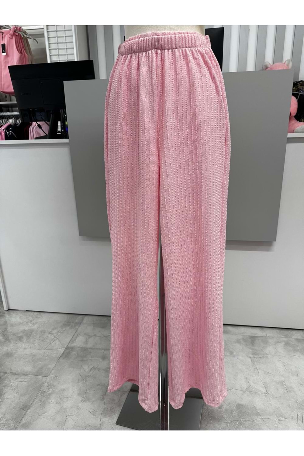 Çizgili Gofre Pantolon 2659 - Pembe - S