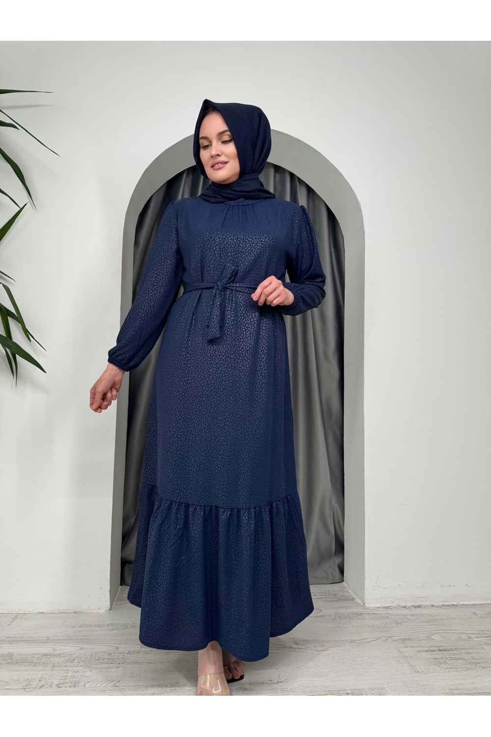 Leopar Desen Soğuk Baskı Elbise 2580 - Lacivert - M-L