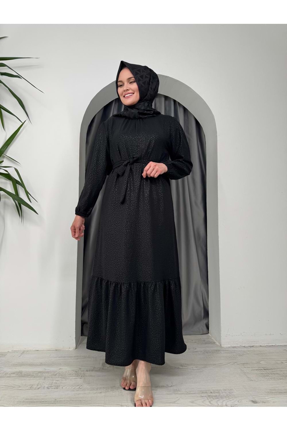 Leopar Desen Soğuk Baskı Elbise 2580 - Siyah - L-XL