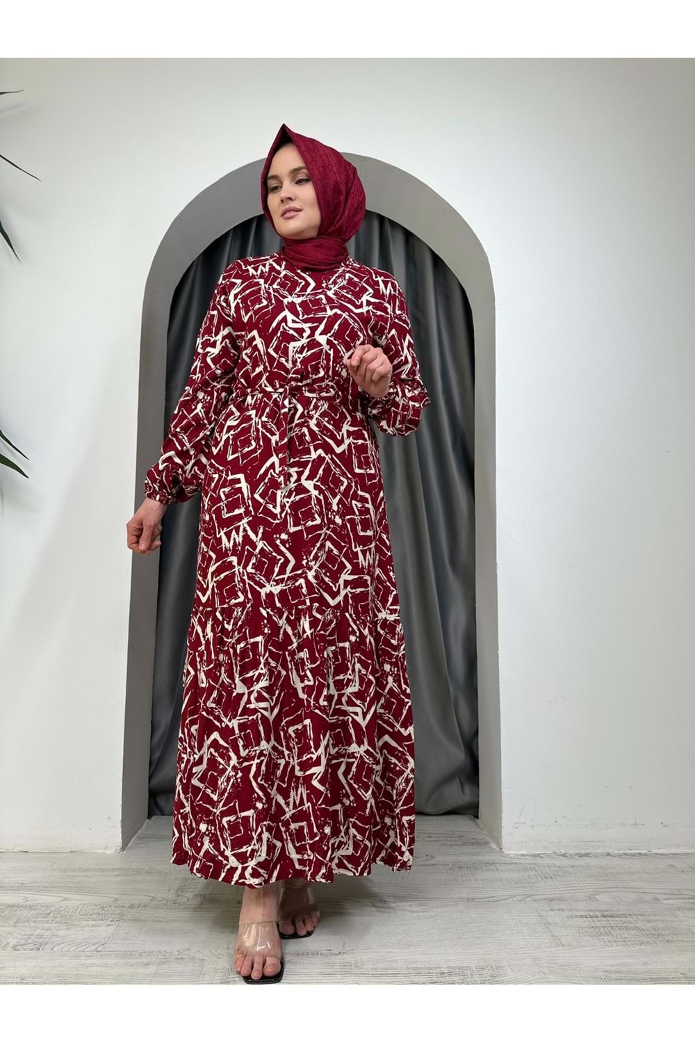 Feriha Desen Elbise 1911 - Bordo - 38-40
