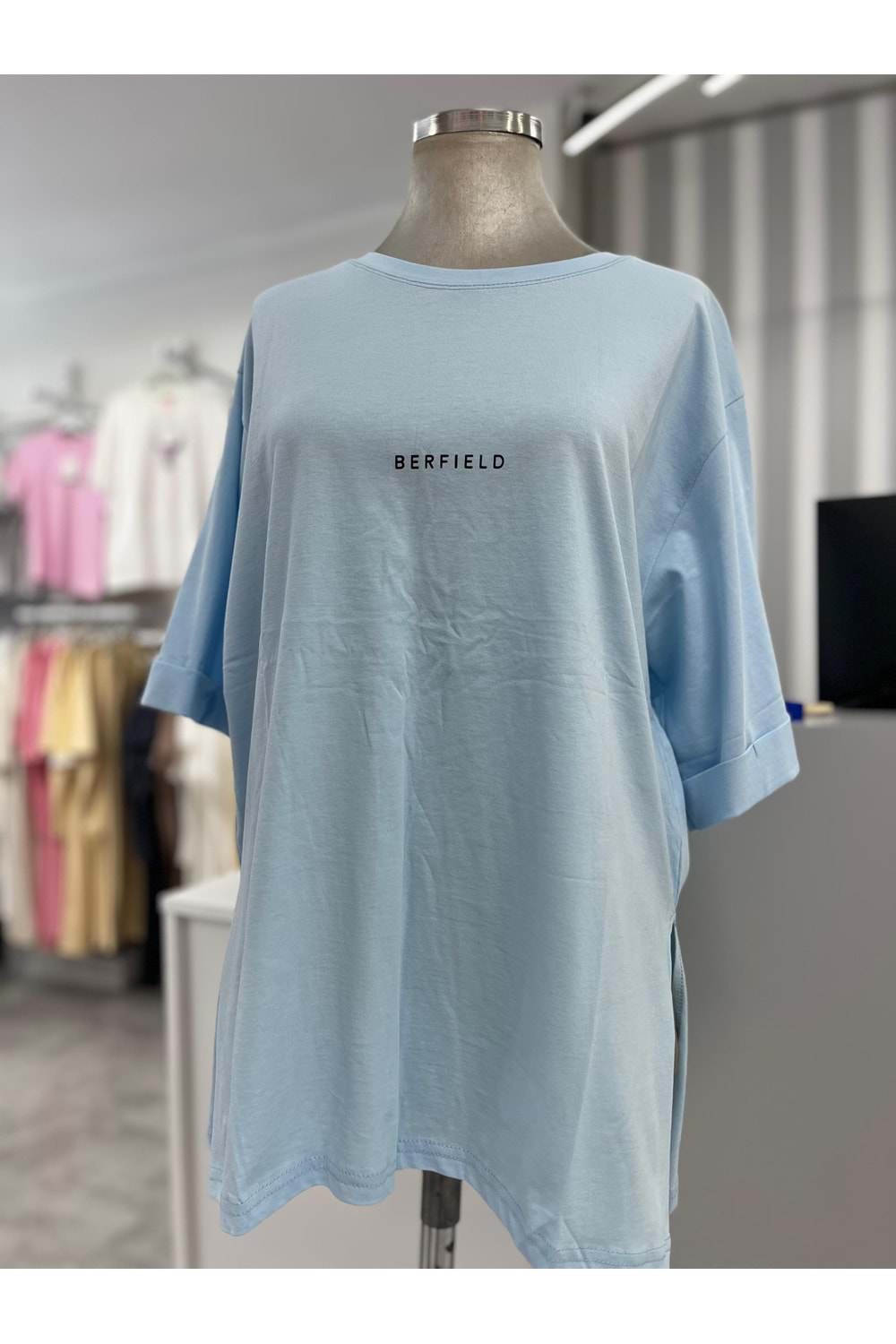 Yanları Yırtmaçlı Tişört 1309 - azra fashion - Bebe Mavisi - L-XL