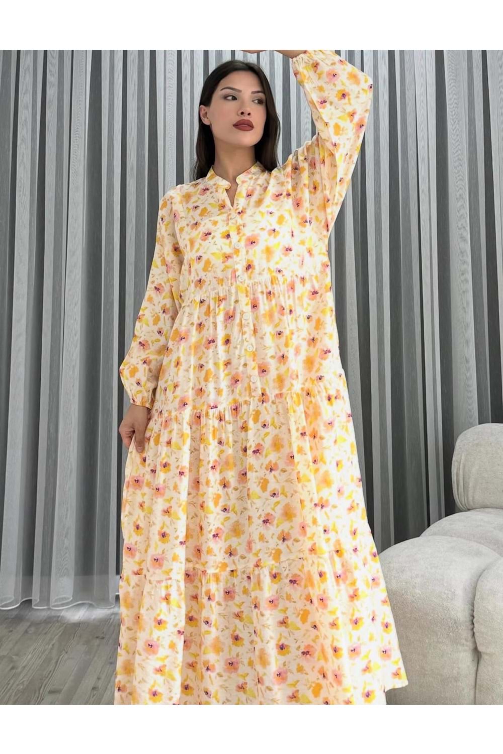 Çiçekli Elbise 251093 - Sarı - XL