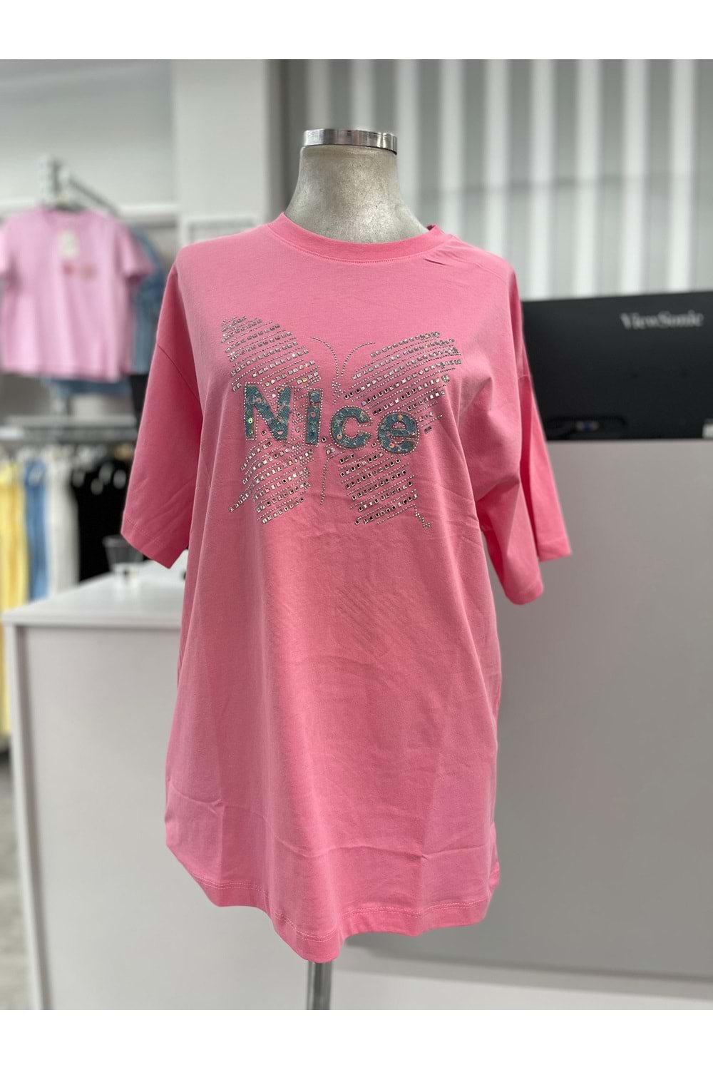 Kelebek Taşlı Tişört 251081 - Pembe - S