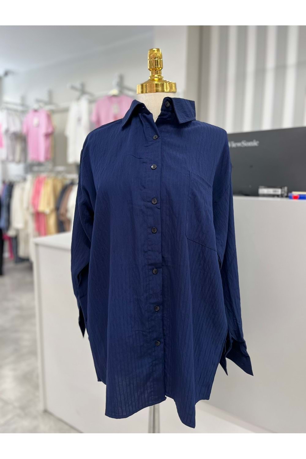 Kendinden Çizgili Gömlek 781 - Lacivert - L-XL
